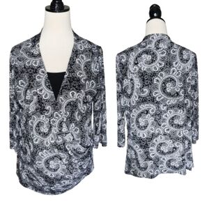 Plus size black and white faux wrap paisley blouse Covington women's size 16/18